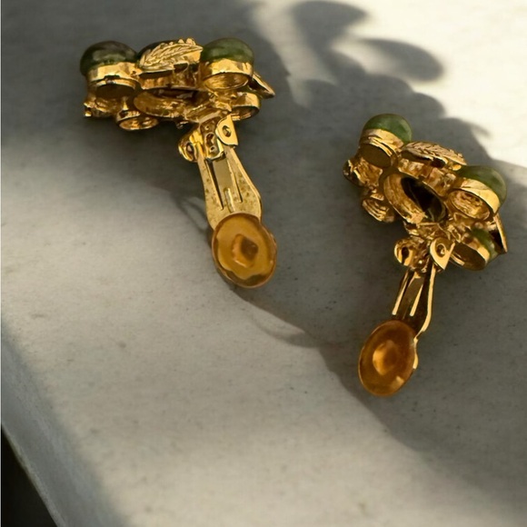 Vintage St. John Jade Beaded Gold-tone Clip-on Earrings